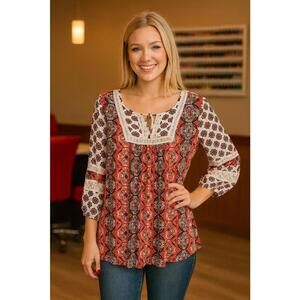 Crown & Ivy Women’s Red White Black Paisley Embroidered Peasant Tunic, Sm